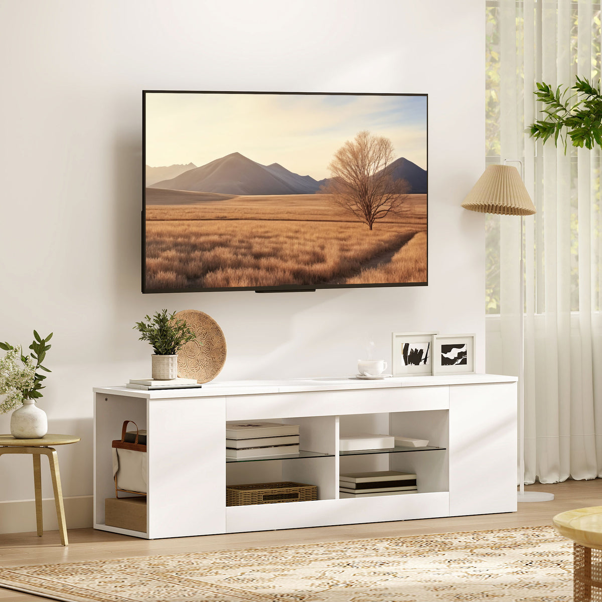 TV-Lowboard mit sechs Fächern und Glasregalen