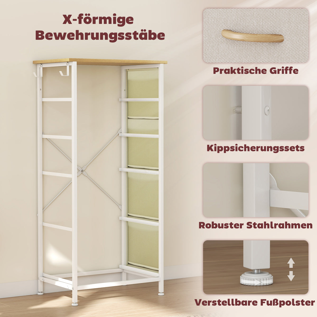 Kommode mit 5 Stoffschubladen, Beige