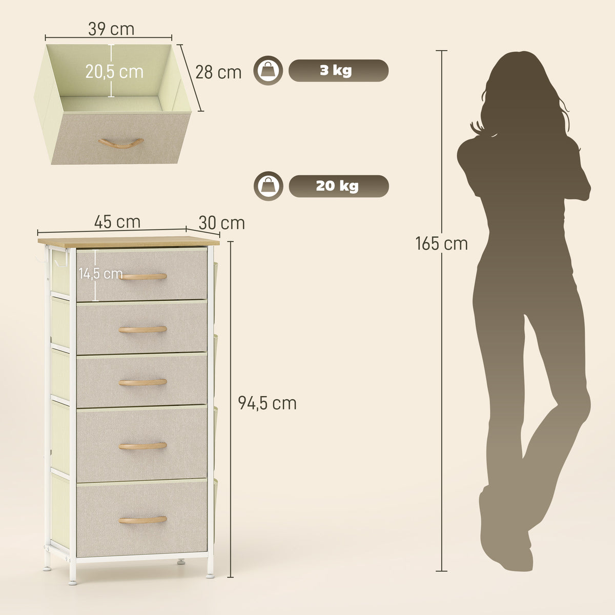 Kommode mit 5 Stoffschubladen, Beige