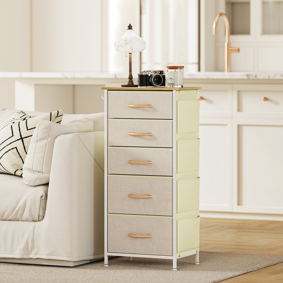 Kommode mit 5 Stoffschubladen, Beige