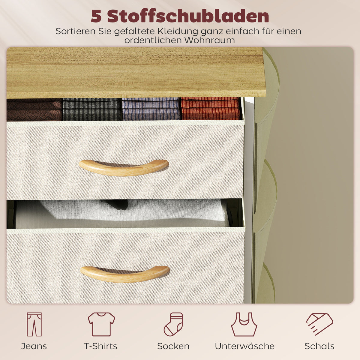 Kommode mit 5 Stoffschubladen, Beige