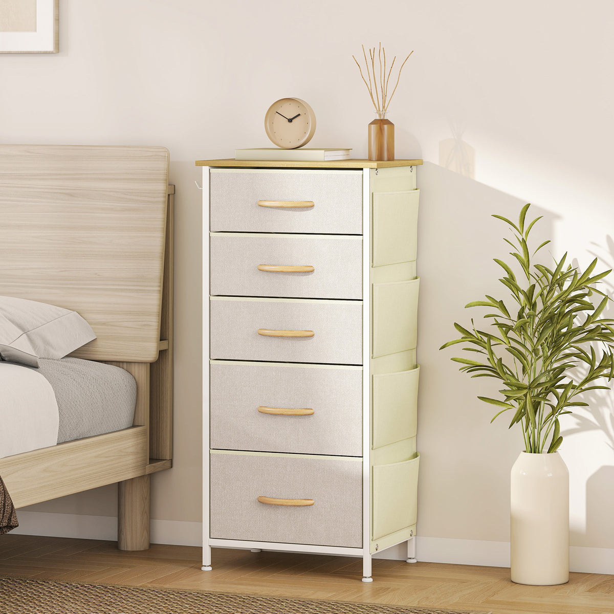 Kommode mit 5 Stoffschubladen, Beige