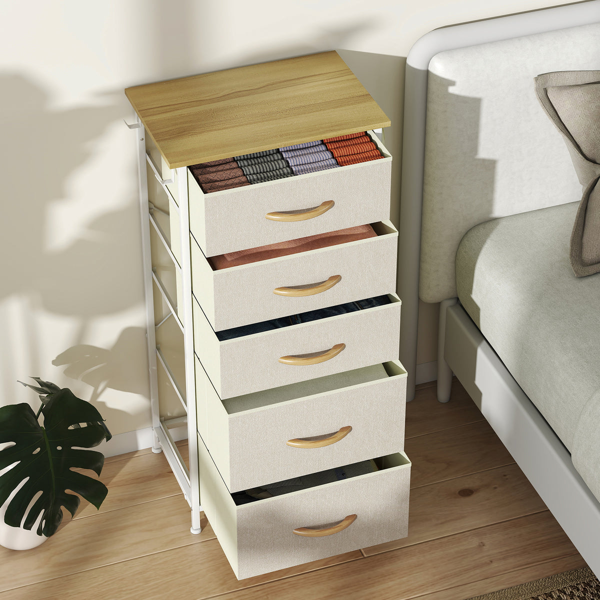 Kommode mit 5 Stoffschubladen, Beige