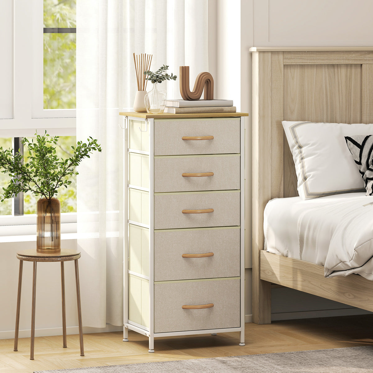 Kommode mit 5 Stoffschubladen, Beige