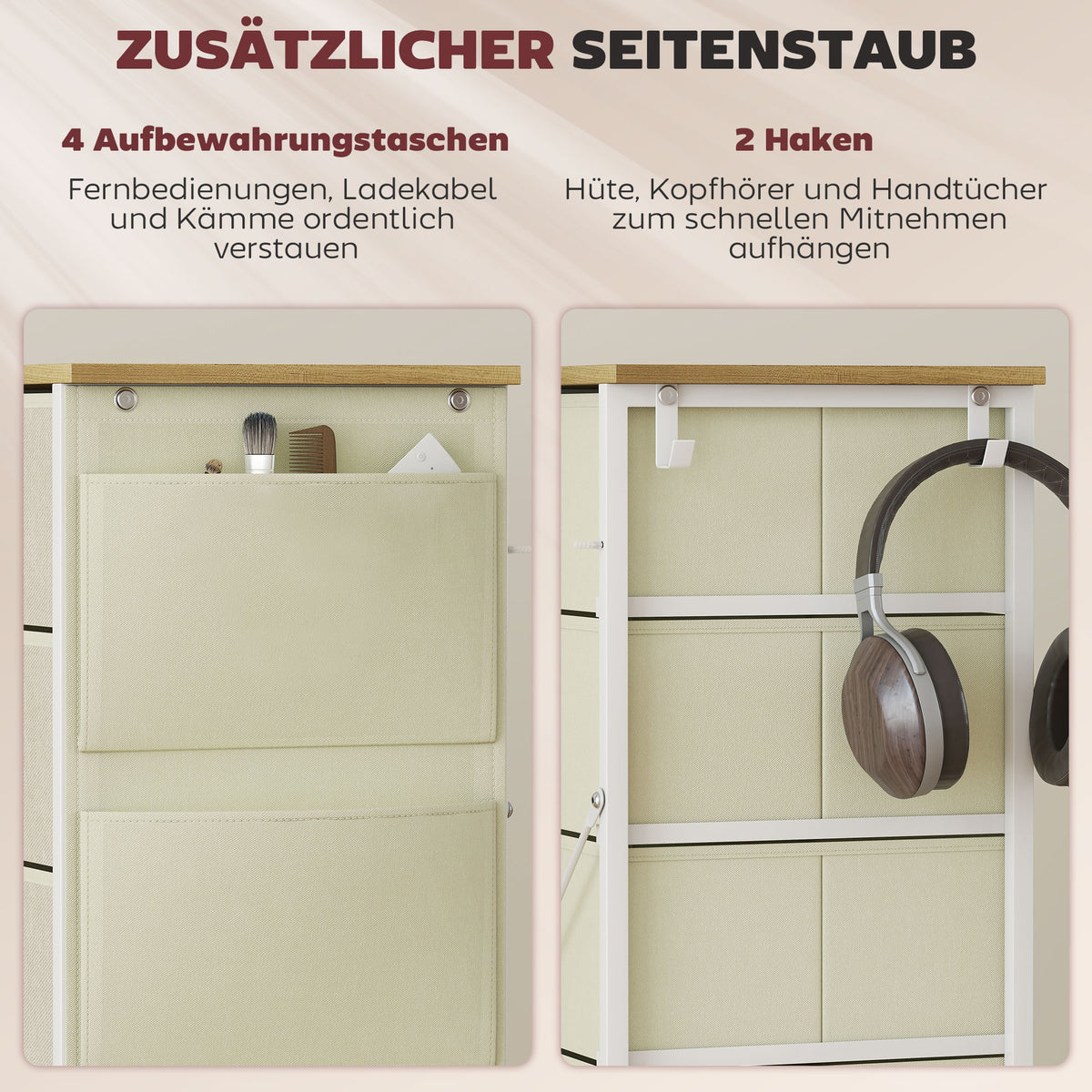 Kommode mit 5 Stoffschubladen, Beige
