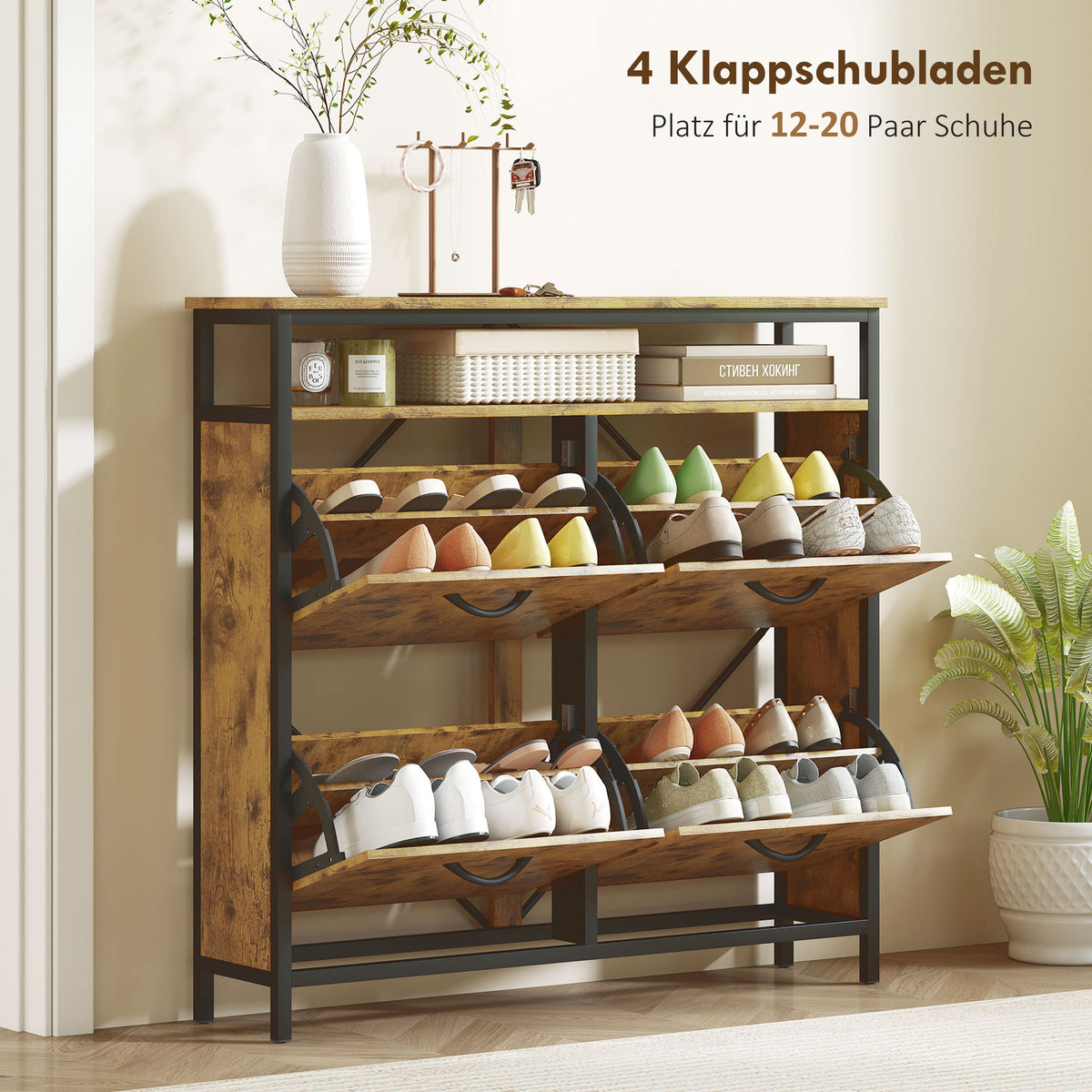 Schuhkipper mit vier Klappschubladen und offenem Regal