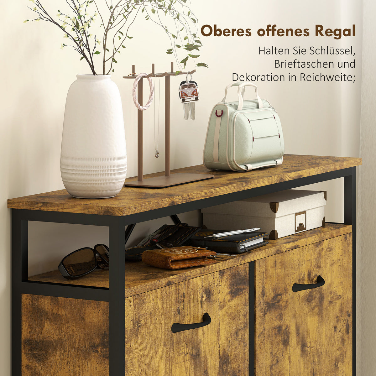 Schuhkipper mit vier Klappschubladen und offenem Regal