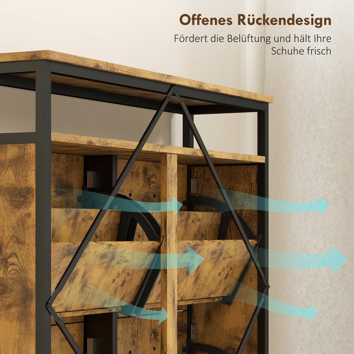 Schuhkipper mit vier Klappschubladen und offenem Regal