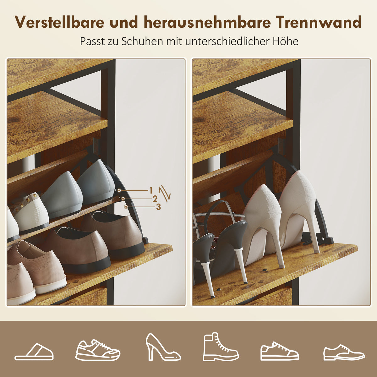 Schuhkipper mit vier Klappschubladen und offenem Regal