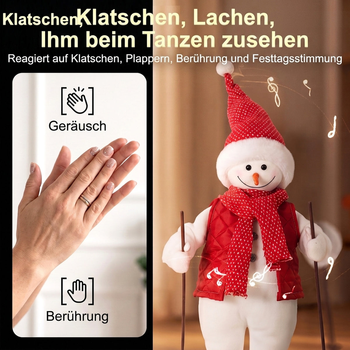 Singender Ski-Weihnachtsmann mit Bewegung, 65 cm