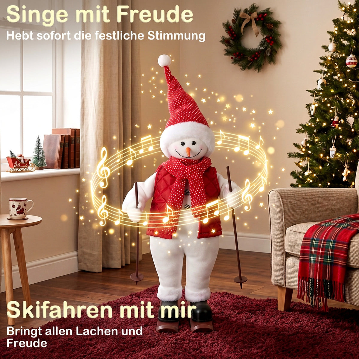 Singender Ski-Weihnachtsmann mit Bewegung, 65 cm