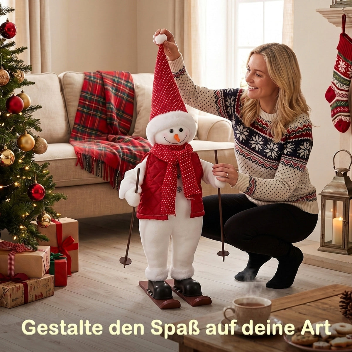 Singender Ski-Weihnachtsmann mit Bewegung, 65 cm