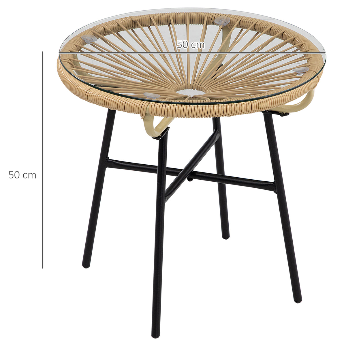 Rattan-Beistelltisch mit Glasplatte im Boho-Stil