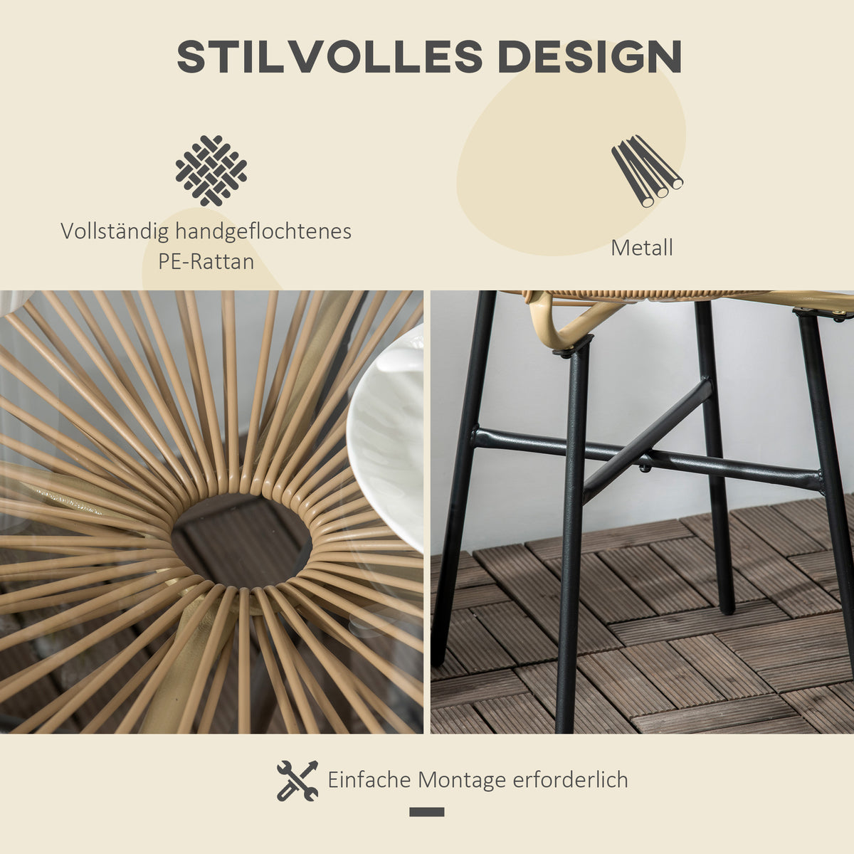 Rattan-Beistelltisch mit Glasplatte im Boho-Stil