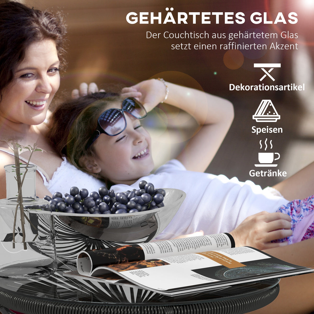 Rattan-Beistelltisch mit Glasplatte im Boho-Stil