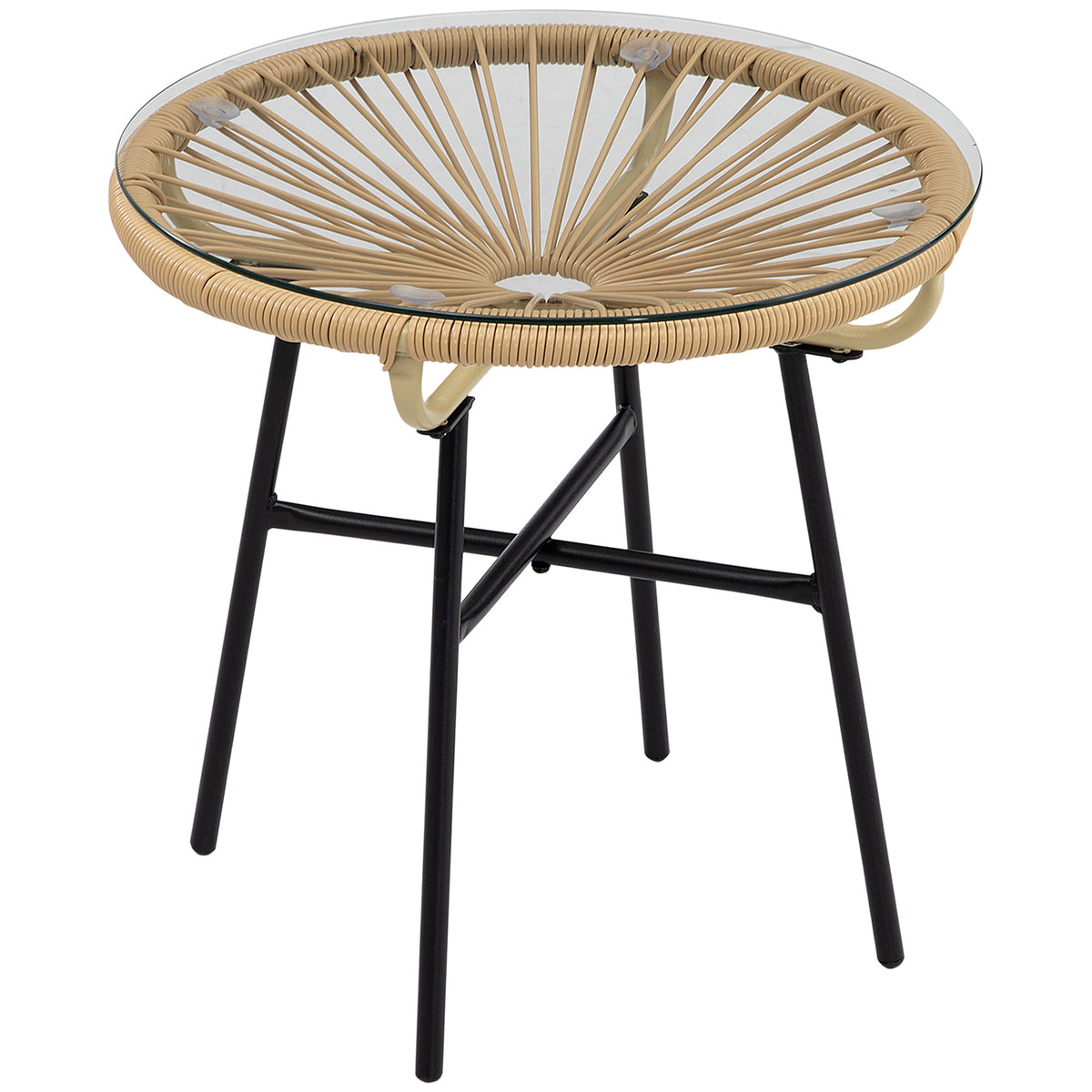 Rattan-Beistelltisch mit Glasplatte im Boho-Stil