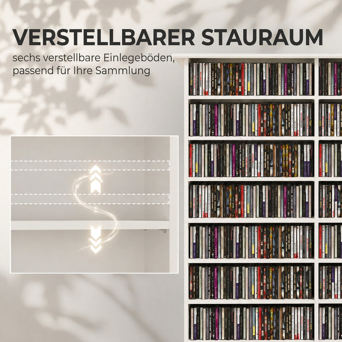 Medienregal mit 16 Fächern und verstellbaren Böden