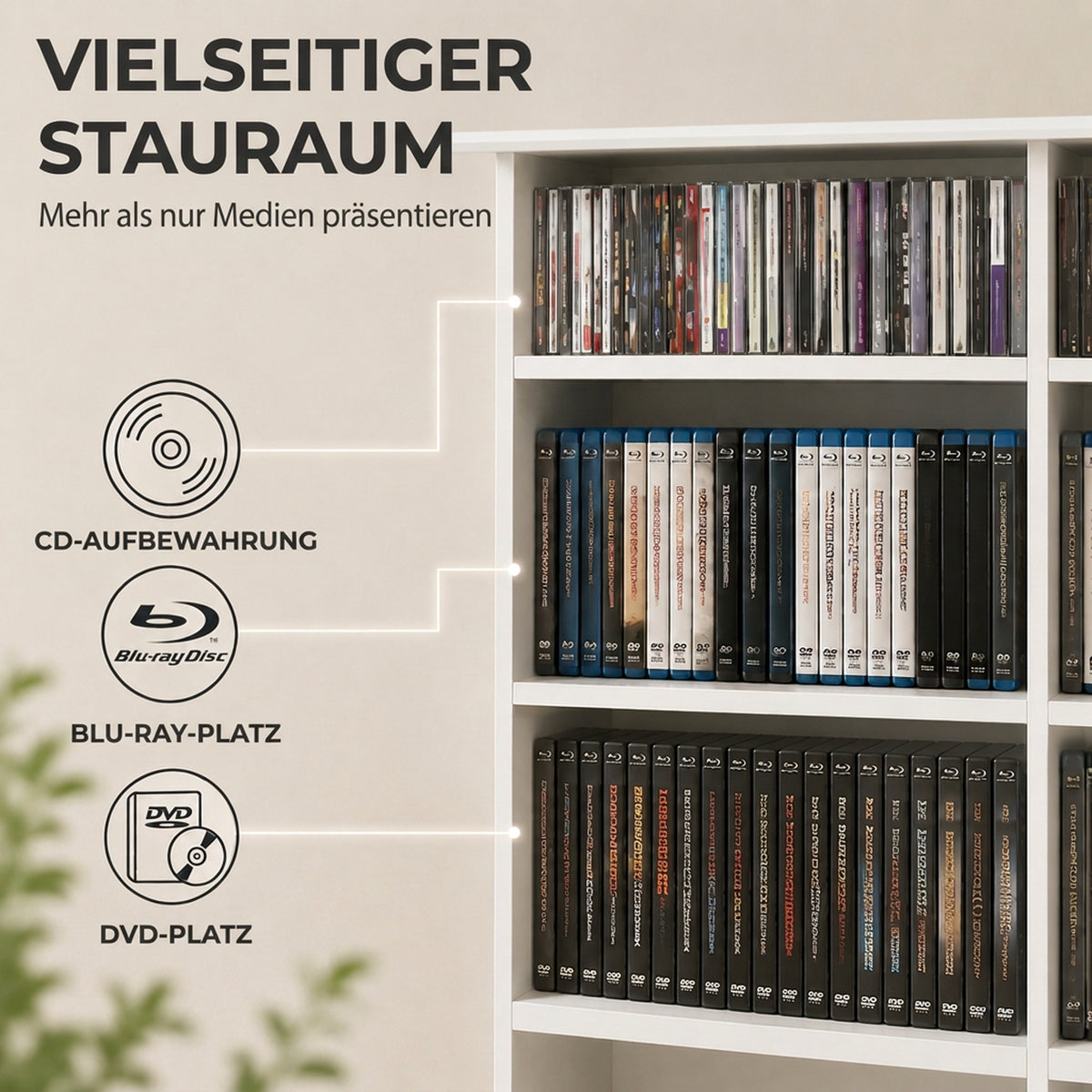 Medienregal mit 16 Fächern und verstellbaren Böden
