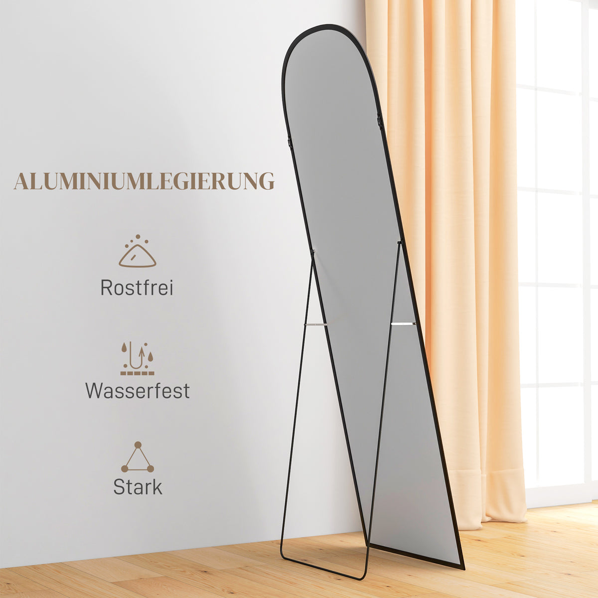 Bogenförmiger Standspiegel aus Hartglas
