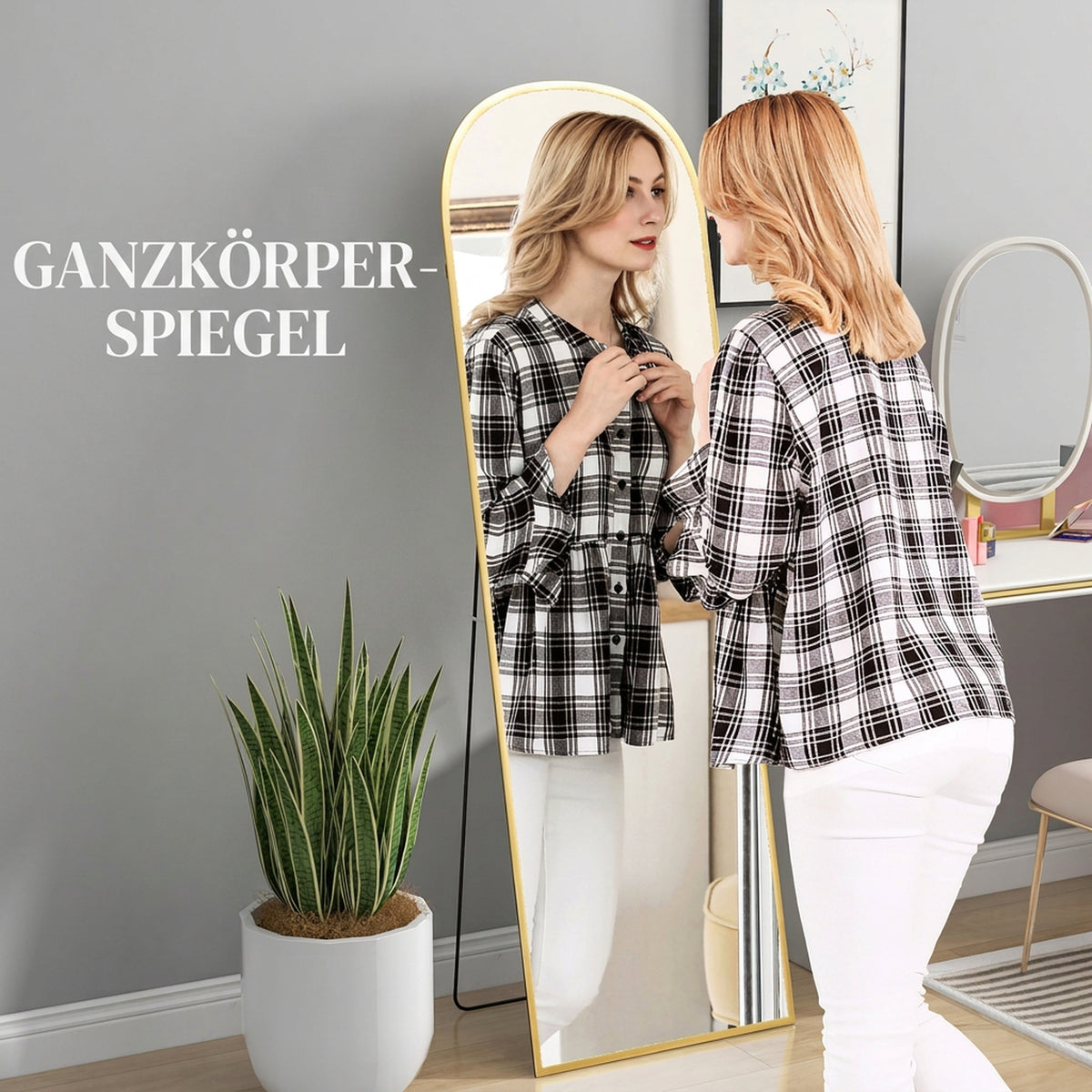 Bogenförmiger Standspiegel aus Hartglas