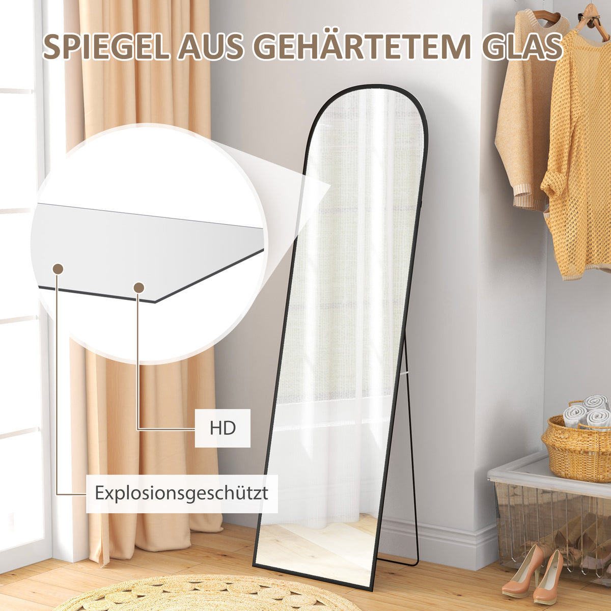 Bogenförmiger Standspiegel aus Hartglas
