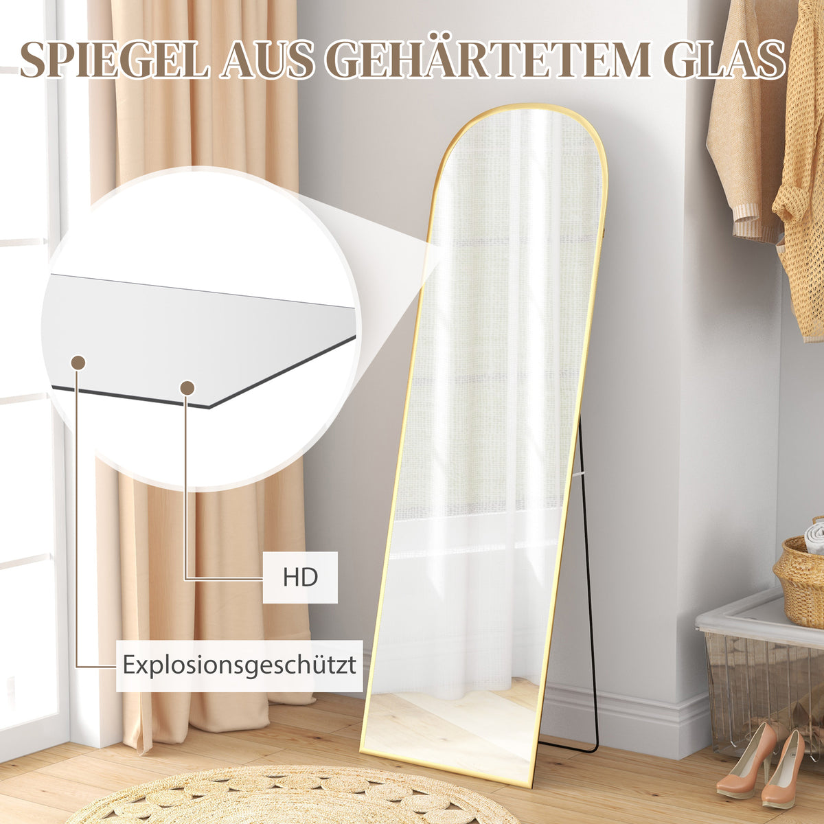 Bogenförmiger Standspiegel aus Hartglas