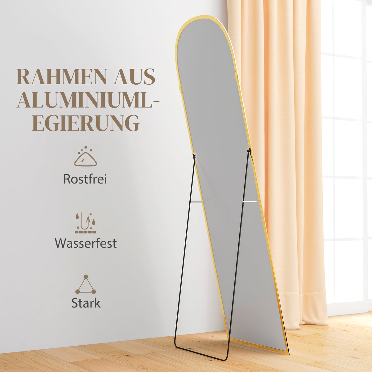 Bogenförmiger Standspiegel aus Hartglas
