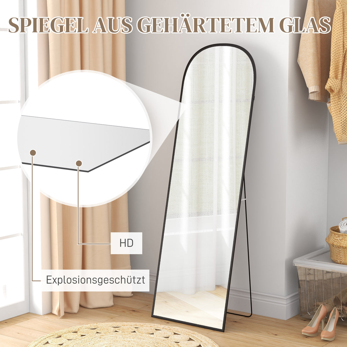 Bogenförmiger Standspiegel aus Hartglas