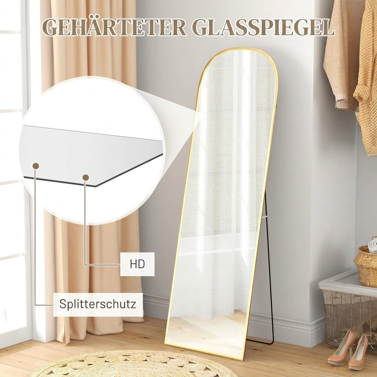 Bogenförmiger Standspiegel aus Hartglas