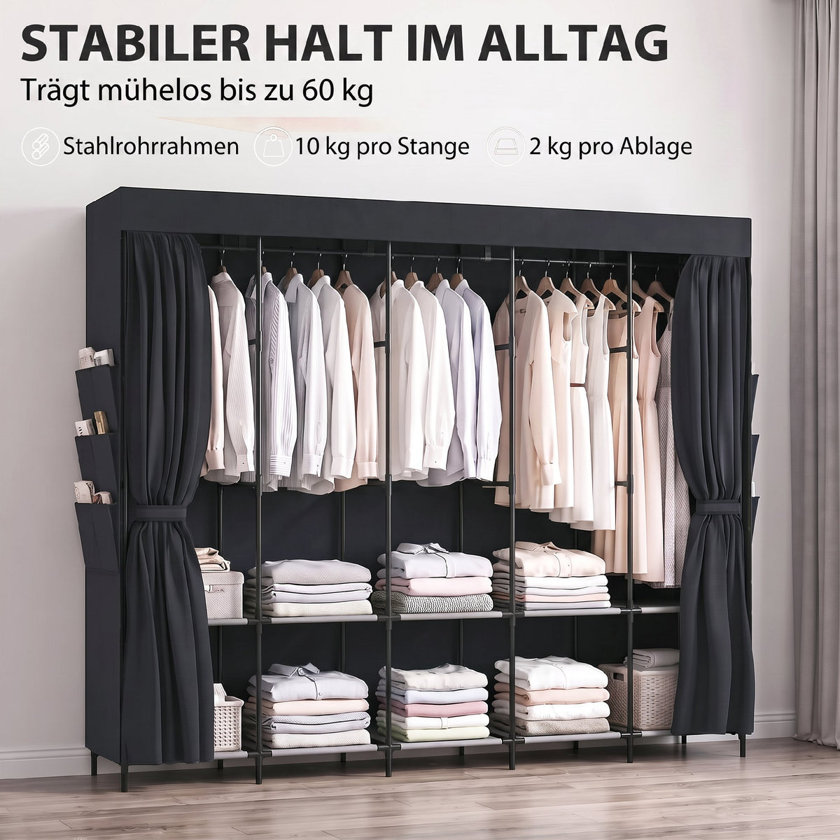 Stoff-Kleiderschrank mit Ablagen und Seitentaschen