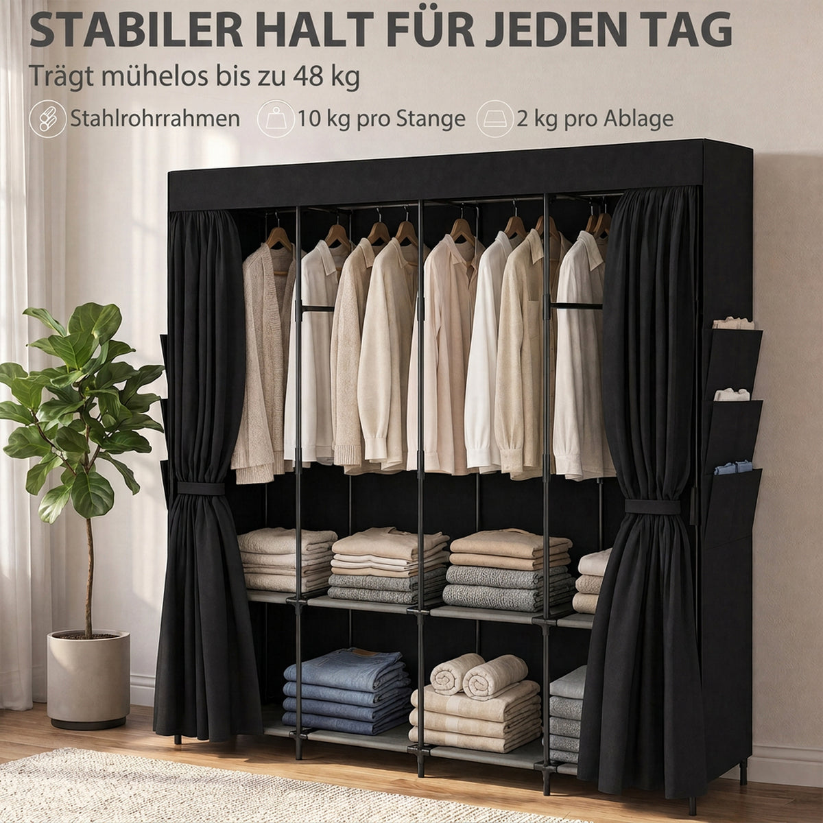 Stoff-Kleiderschrank mit Ablagen und Seitentaschen