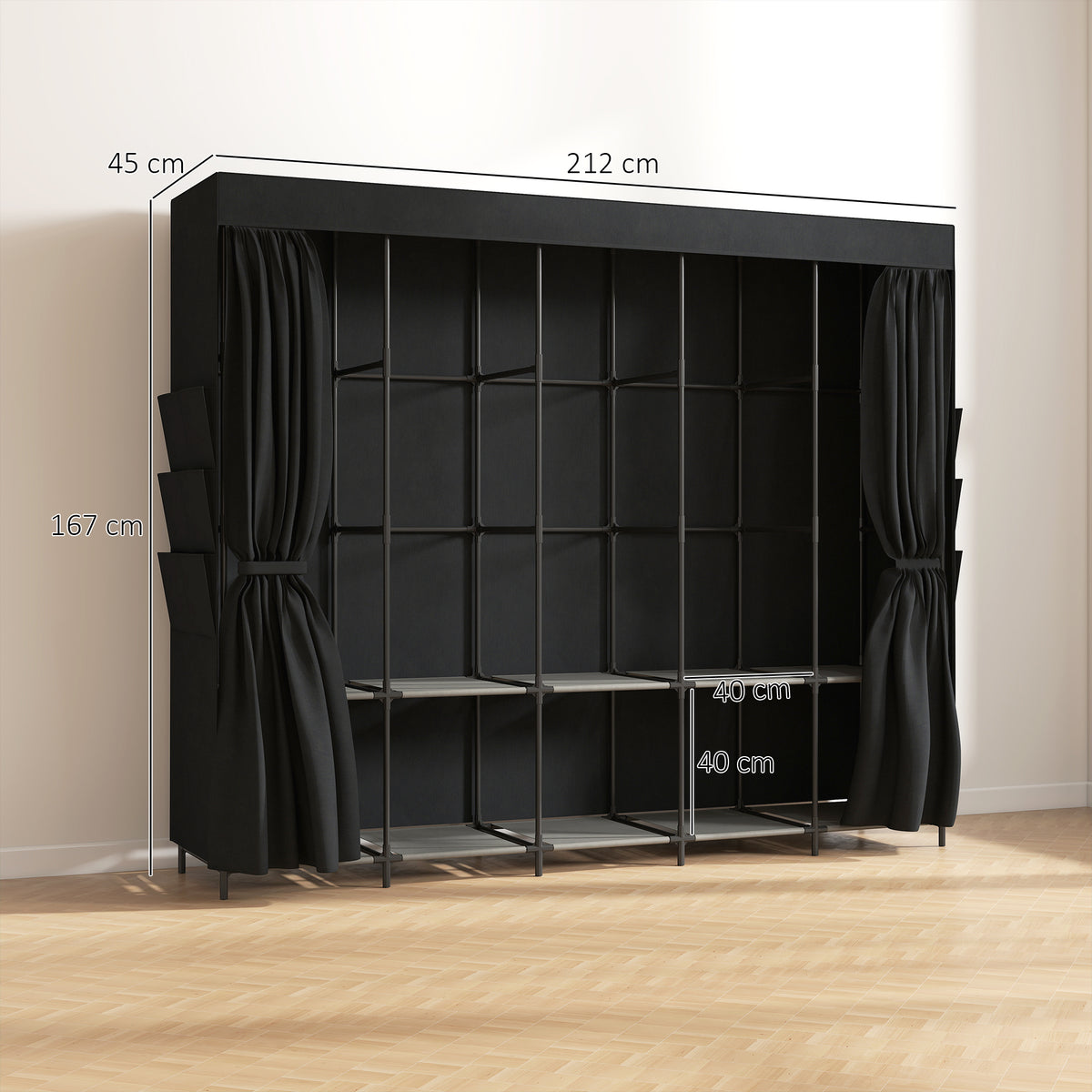 Stoff-Kleiderschrank mit Ablagen und Seitentaschen