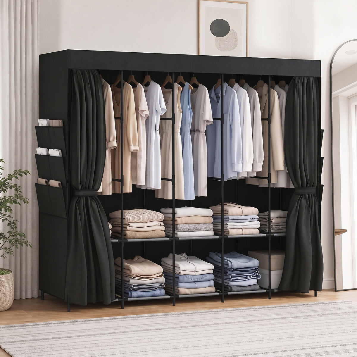 Stoff-Kleiderschrank mit Ablagen und Seitentaschen