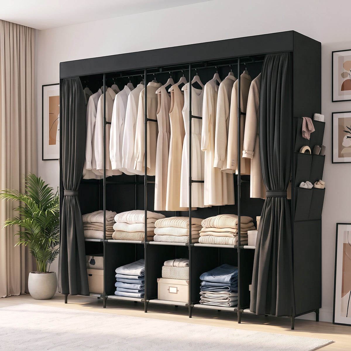 Stoff-Kleiderschrank mit Ablagen und Seitentaschen