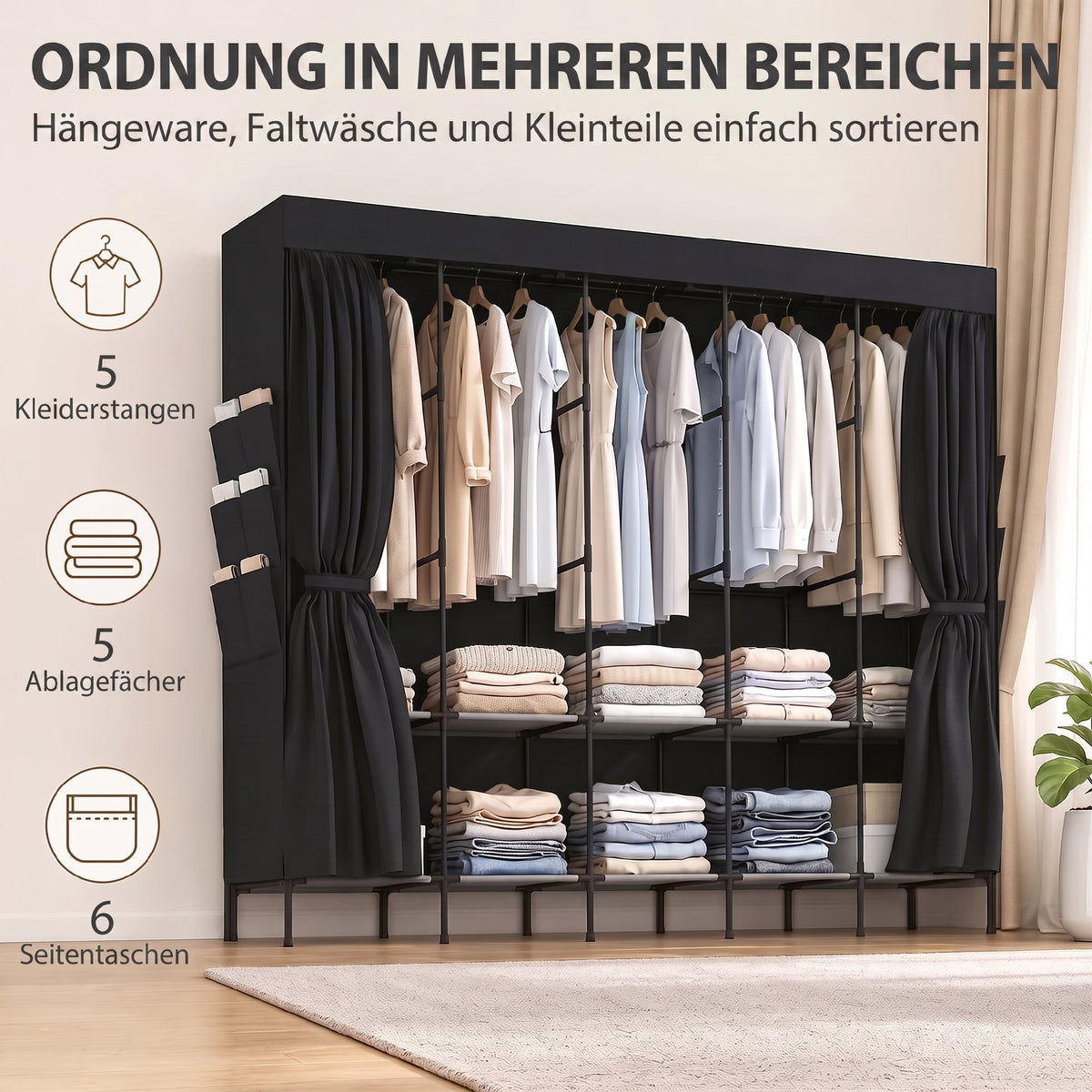 Stoff-Kleiderschrank mit Ablagen und Seitentaschen