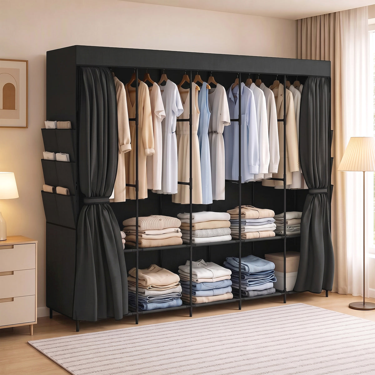 Stoff-Kleiderschrank mit Ablagen und Seitentaschen