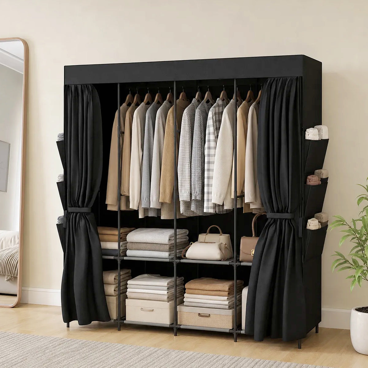 Stoff-Kleiderschrank mit Ablagen und Seitentaschen