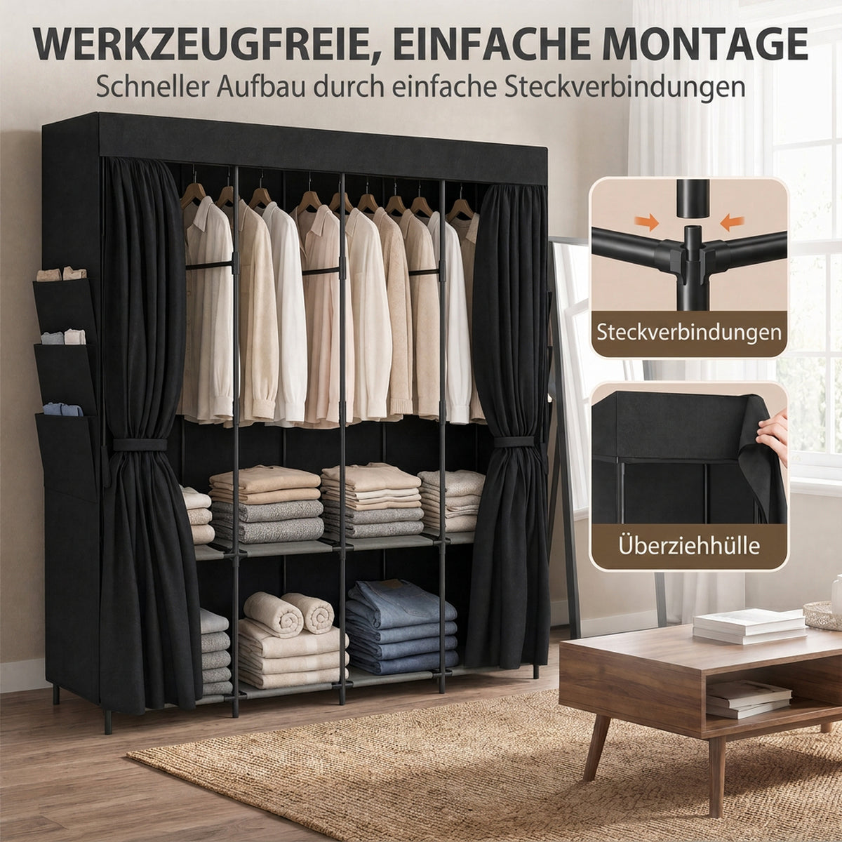Stoff-Kleiderschrank mit Ablagen und Seitentaschen