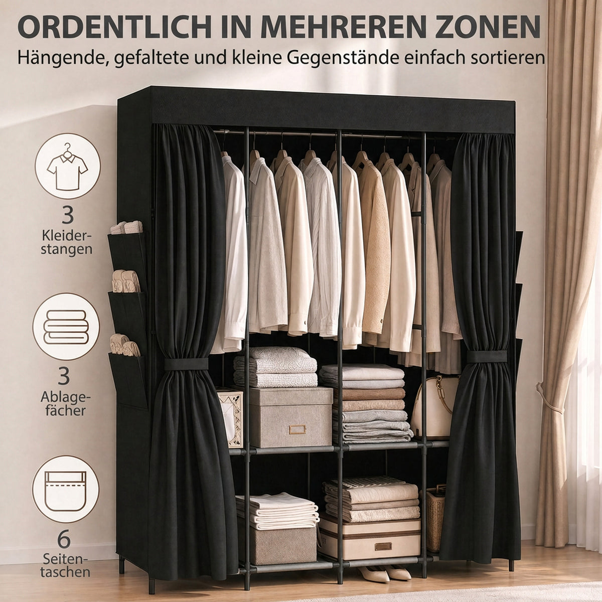 Stoff-Kleiderschrank mit Ablagen und Seitentaschen