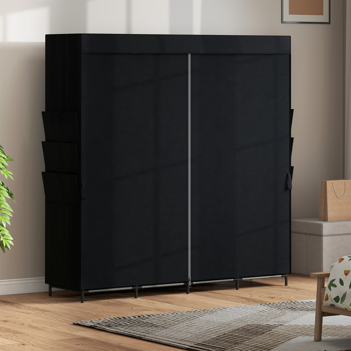 Stoff-Kleiderschrank mit Ablagen und Seitentaschen