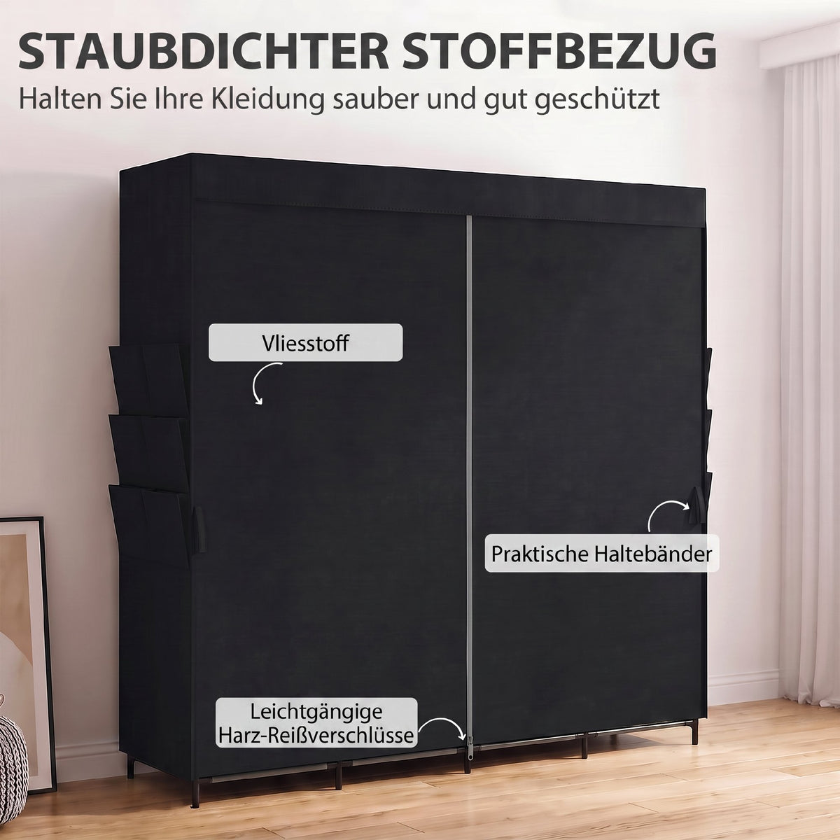 Stoff-Kleiderschrank mit Ablagen und Seitentaschen