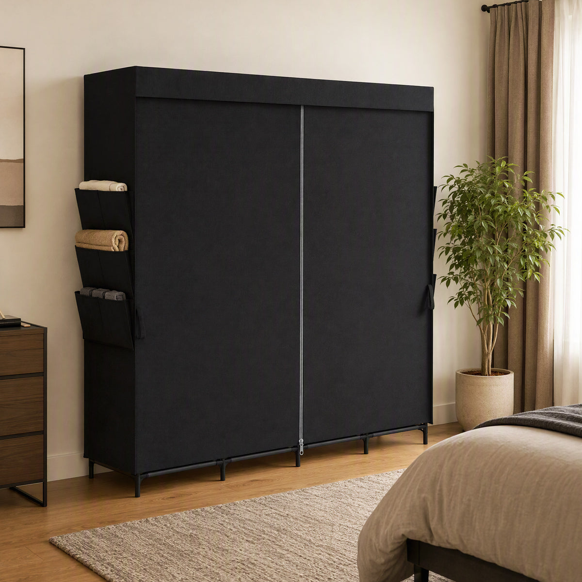 Stoff-Kleiderschrank mit Ablagen und Seitentaschen