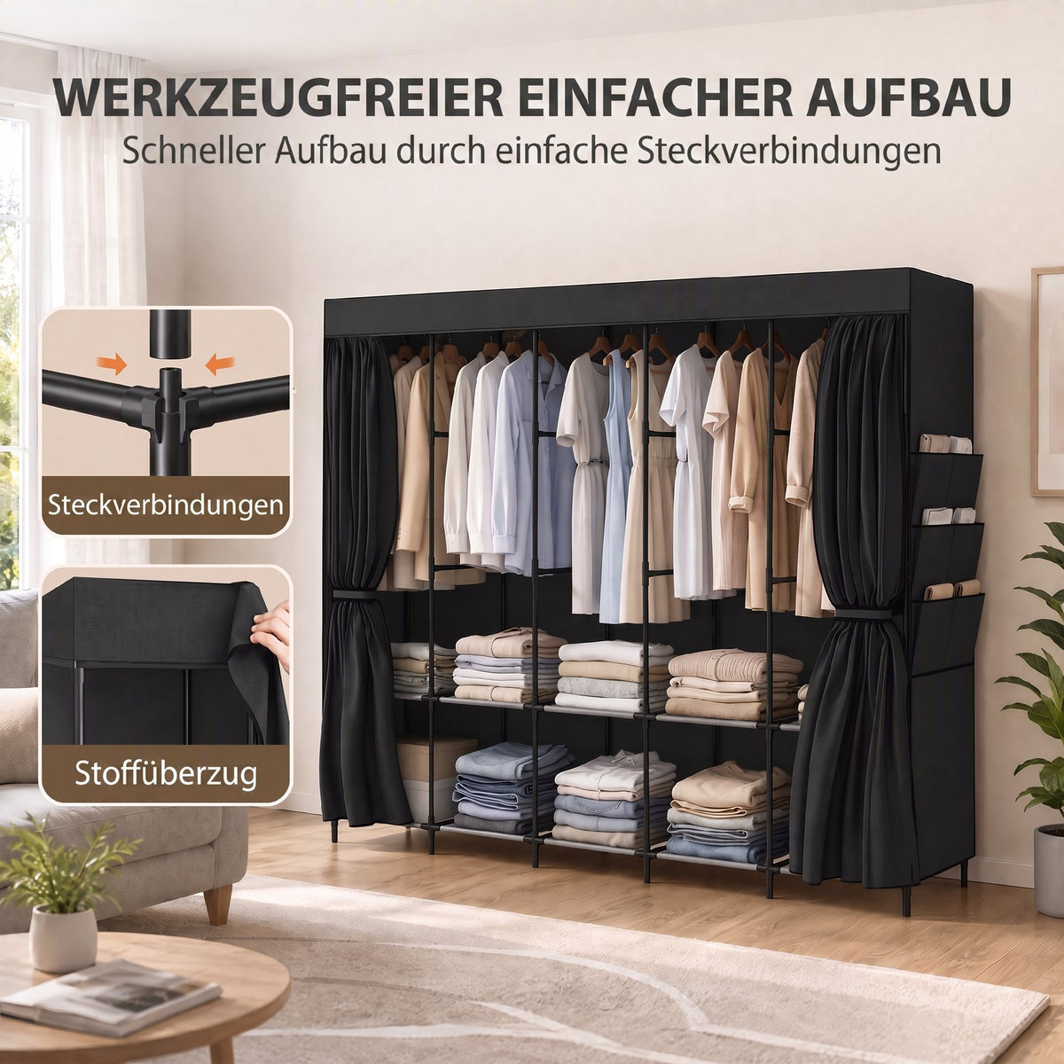 Stoff-Kleiderschrank mit Ablagen und Seitentaschen