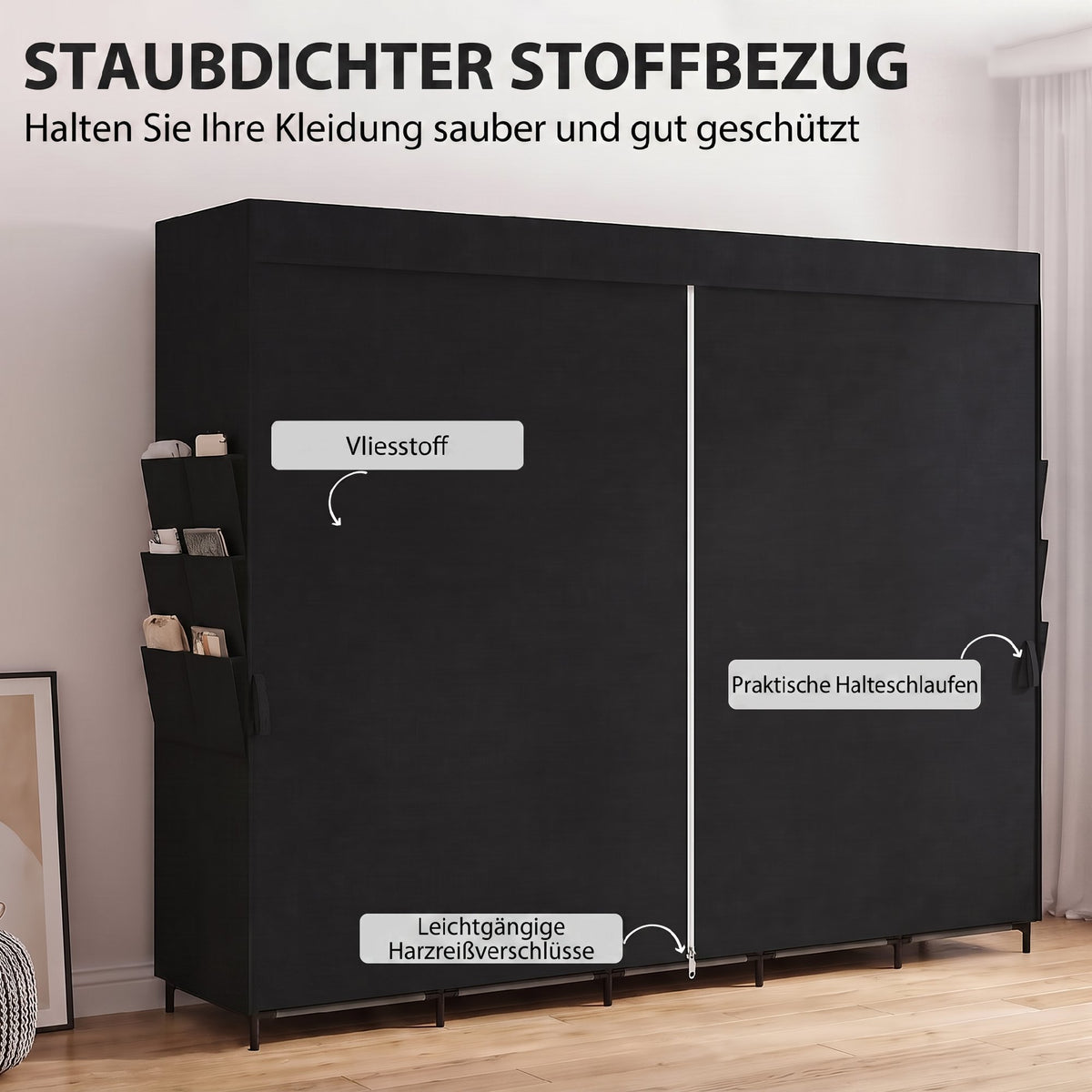 Stoff-Kleiderschrank mit Ablagen und Seitentaschen