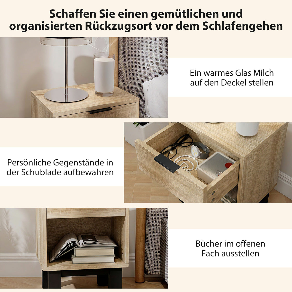 Nachttisch mit Schublade und offenem Fach