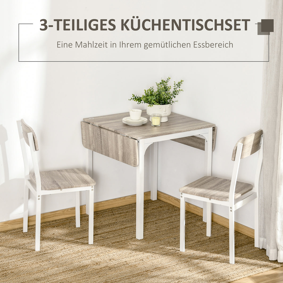 3-teiliges Essgruppen-Set mit Tisch und 2 Stühlen