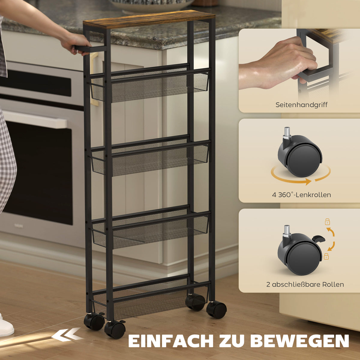 Schmaler Küchenwagen mit fünf Ebenen und Rollen