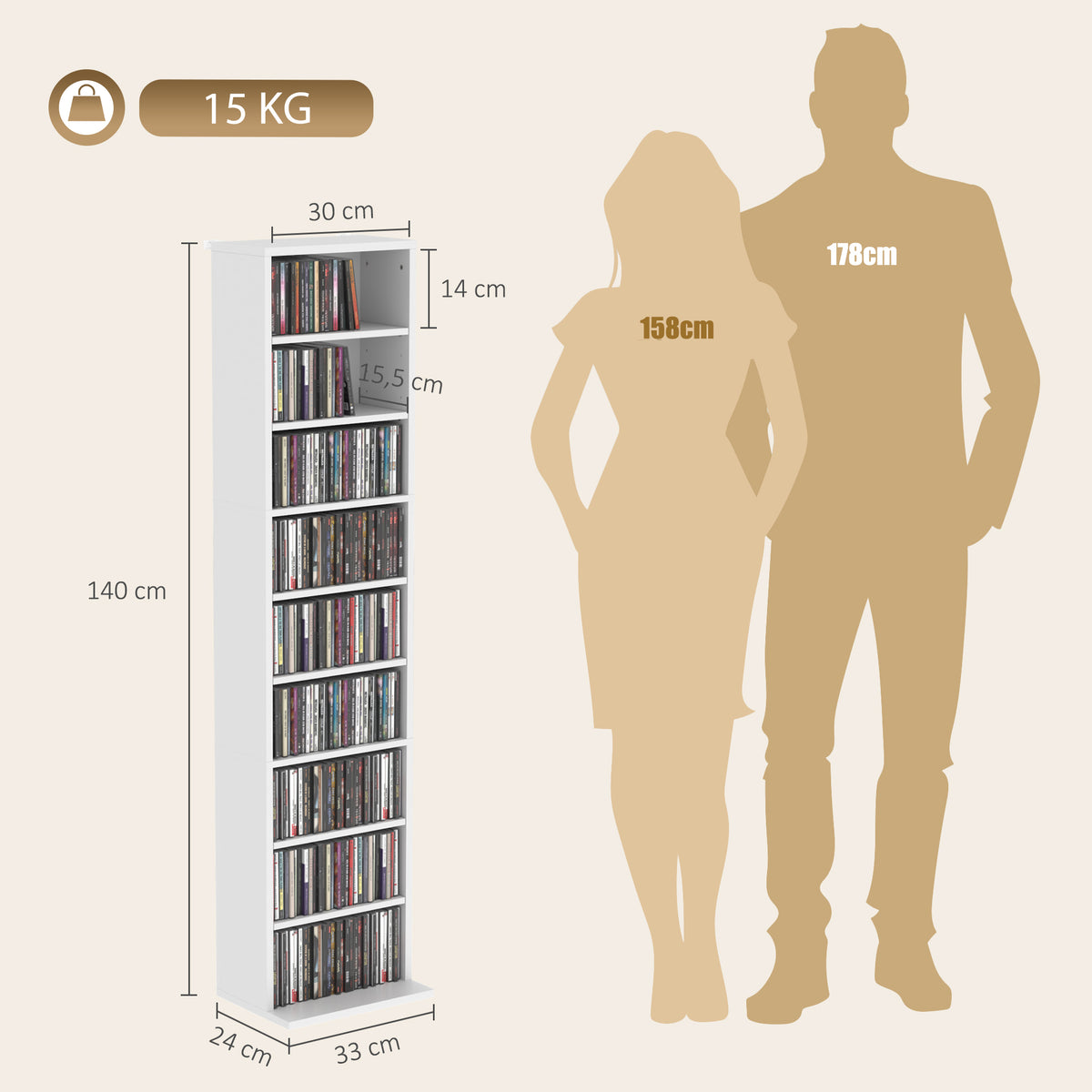 Schmales CD- und DVD-Regal mit 9 Ablagen