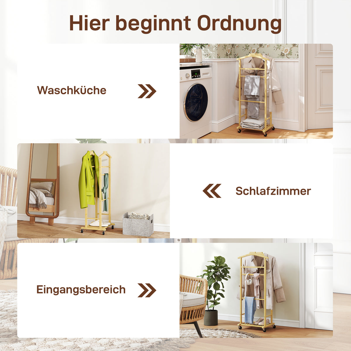 Bambus-Kleiderständer mit Rollen und Ablage