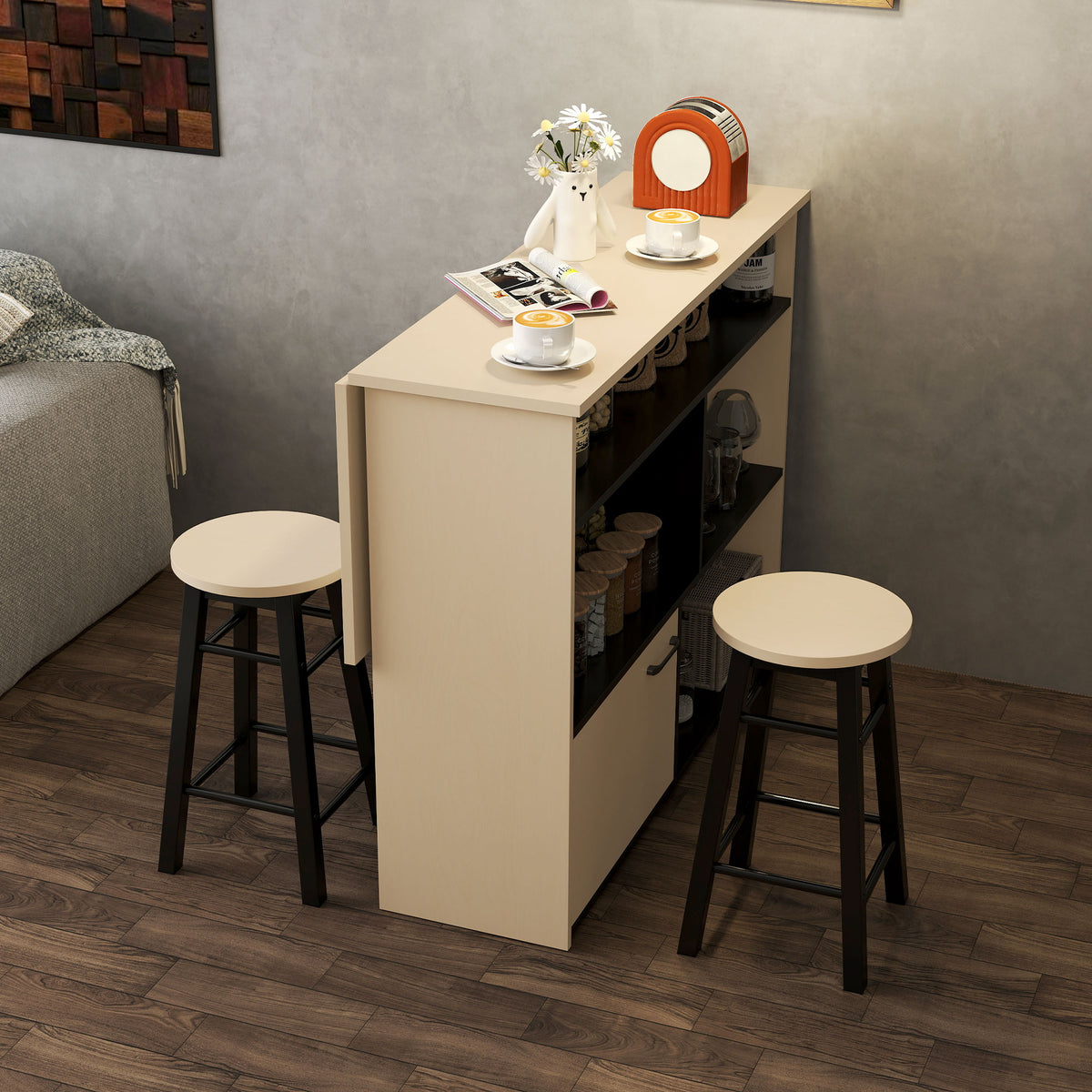 Bartisch-Set mit Klappplatte und 2 Barhockern